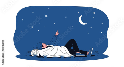 Man Gazing Up At Starry Night Sky And Moon While Wrapped In Blanket