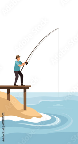 Man Fishing From A Dock With Rod Casting Into The Blue Water
