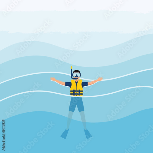 Man Floating In Clear Blue Water Wearing Snorkel Gear And Life Vest