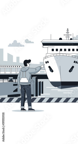 Man Greeting Large Ferry Boat At Dockside Departure