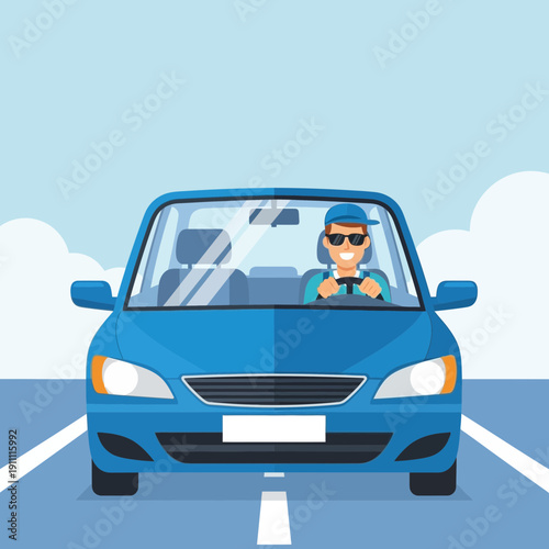 Man Driving Blue Car On Road with Blue Sky and Clouds