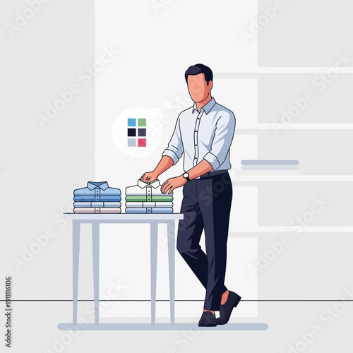 Man Folding Stacked Shirts On Table Minimalist Business Illustration