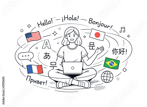 Multilingual Support. Person surrounded by flags and letter symbols, translated phrases orbiting in harmony.
