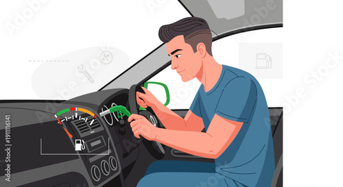 Man Driving Car With Empty Fuel Gauge And Gas Pump Symbol