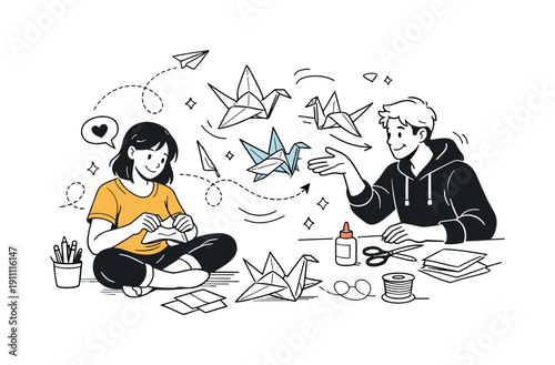 Floating Paper Cranes. Origami and paper crafts. Folded paper cranes floating gently, crisp creases catching