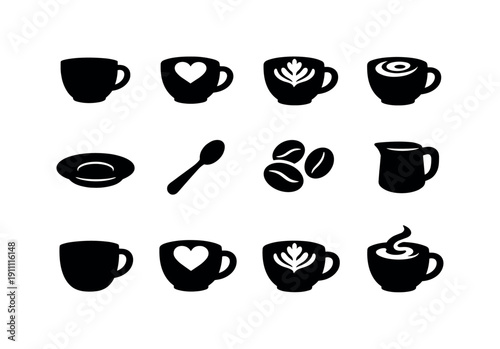 Barista latte creations. Filled icon set of Barista latte creations: coffee cup, heart foam, leaf foam, steam
