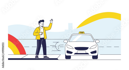 Man Hailing Taxi On Street With Colorful Abstract Elements