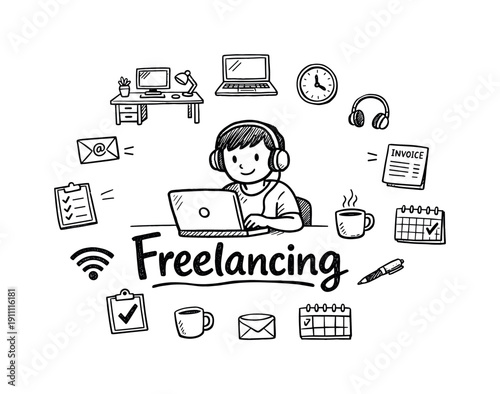 Freelancing Doodle Art. Freelancing. Hand-drawn doodle illustration of Freelancing. In the middle, one