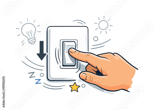 Light switch action. Close-up of a switch flipping down, subtle motion lines and fading glow icons nearby.