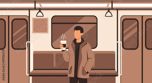 Man Holding Coffee Cup While Traveling On A Subway Train