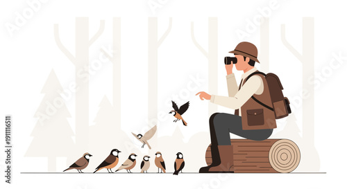 Man Observing Birds In Forest