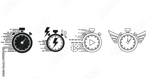 Stopwatches illustrate speed, power, time, and swift motion.