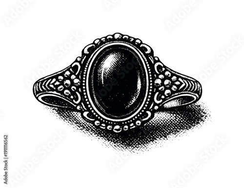 Victorian-era memorial ring with dark stone setting, viewed from above as a solitary artifact of grief, black