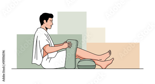 Man In Ihram Resting With Body Pillow Minimalist Style