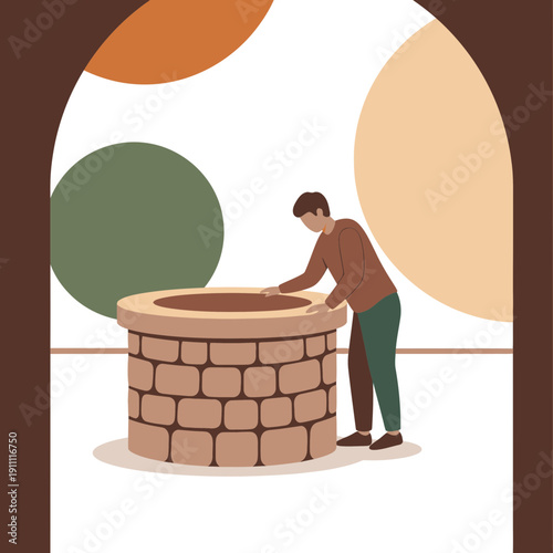 Man Gazing Into Ancient Well Seeking Wisdom And Opportunity