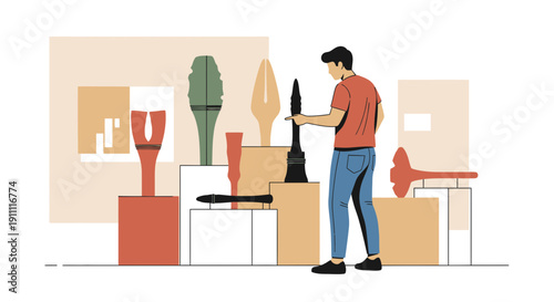 Man Observing Sculptures At Modern Art Gallery Exhibition