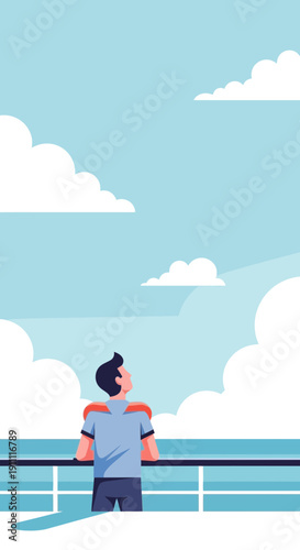 Man Gazing Out At Expansive Ocean Horizon On A Bright Sunny Day