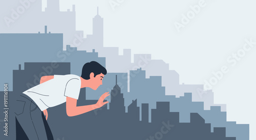 Man Inspecting Urban Landscape From A High Vantage Point