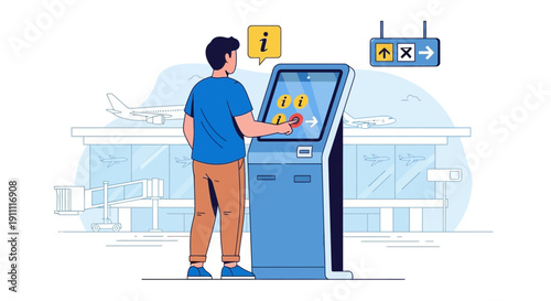 Man Interacting With Airport Information Kiosk Near Boarding Gate