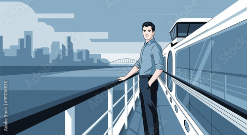 Man On A Boat Looking At City Skyline