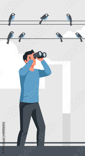 Man Gazing Through Binoculars At Birds On Power Lines Observing Nature