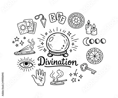 Mystical Divination Icons. ndDivination tools. Hand-drawn doodle illustration of divination tools. In the