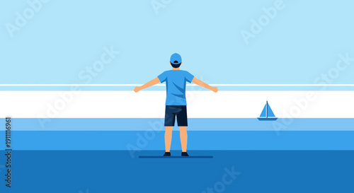 Man On Blue Shore Observing Distant Sailboat Under Clear Sky