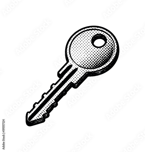 A simple industrial key without a lock, floating alone in frame, illustrated in high-contrast black and white