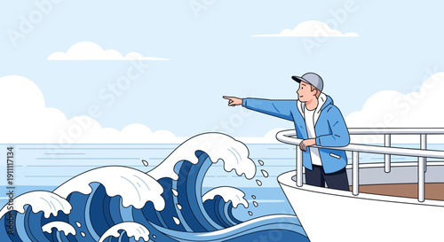 Man On Ship Points Towards Approaching Ocean Waves On Sunny Day