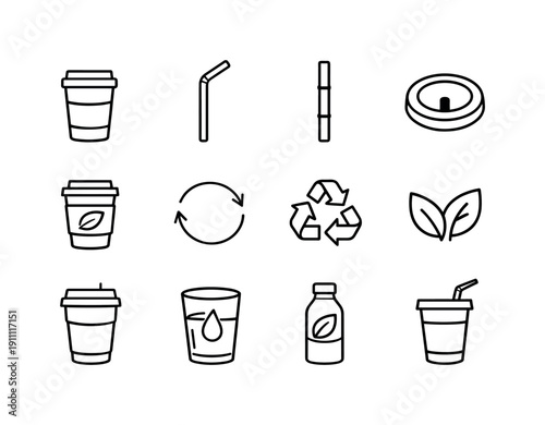 Eco-Friendly Drinkware Icons. Reusable straw and eco-friendly cup. Line outline icon set of Reusable straw and