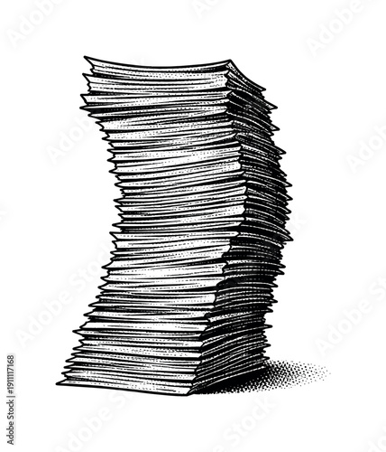 A tall stack of thin papers gradually bending under its own weight, edges slightly misaligned, rendered as a