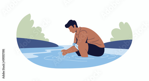 Man Kneeling In A River Cooling Hands With Water Gentle Flow