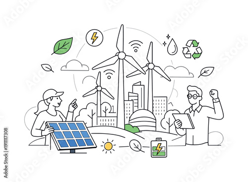 Eco Technology. Smart wind turbines and solar panels integrated into a clean cityscape, leaves and energy