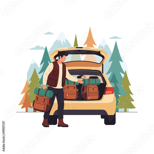 Man Loading Hiking Backpacks Into Car Trunk For Mountain Adventure Trip