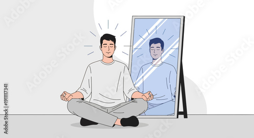Man Meditating In Front Of Mirror Achieving Inner Peace And Self Reflection