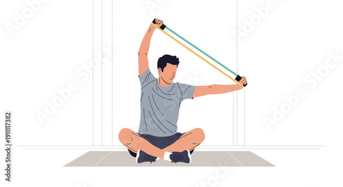 Man Performing Resistance Band Exercise Sitting In Lotus Pose For Fitness