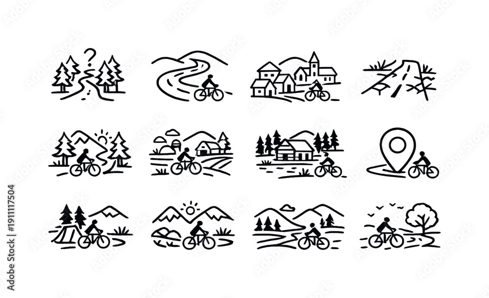 Obraz premium Exploring hidden cycling routes. Line outline icon set of Exploring hidden cycling routes: unknown path,