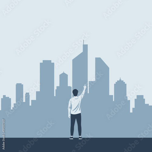 Man Pointing Towards Futuristic Cityscape Skyline Silhouette Of Modern Architecture