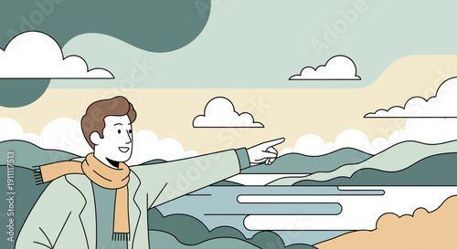 Man Pointing Towards Scenic Horizon With Stylized Landscape Background