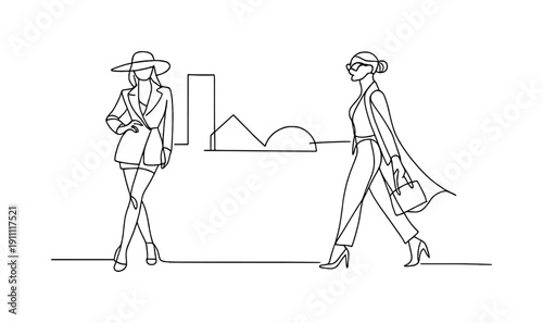 Modern fashion concept. Minimalistic one-line drawing abstract fashion scene expressing modern style through