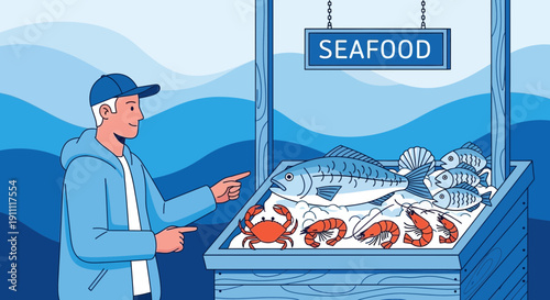 Man Points To Fresh Seafood Display At Market