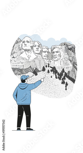 Man Points To Iconic Mountain Carving Landmark Landmark Attraction