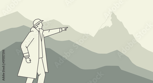 Man Points Towards Distant Snowy Mountain Peak In Minimalist Landscape