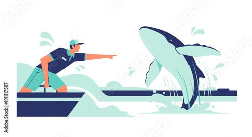 Man Points Towards Breaching Whale From Boat Expedition