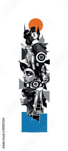 A monumental abstract totem made of overlapping black-and-white collage fragments, human figures, icons, and