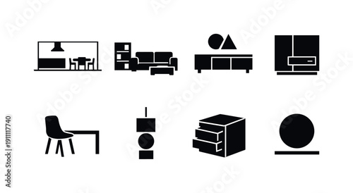 Minimal interior design. Filled icon set of Minimal interior design: open space layout, functional furniture,