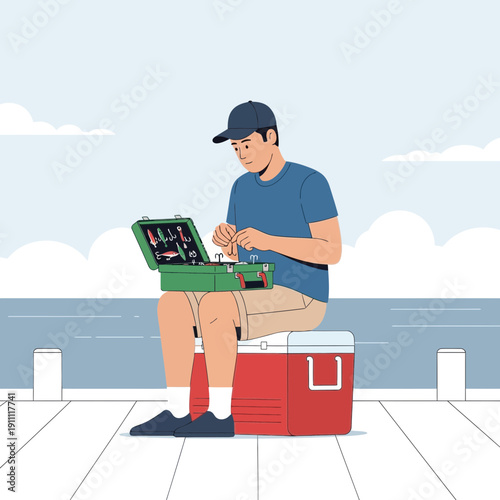 Man Preparing Fishing Gear On A Cooler By The Water Outdoors