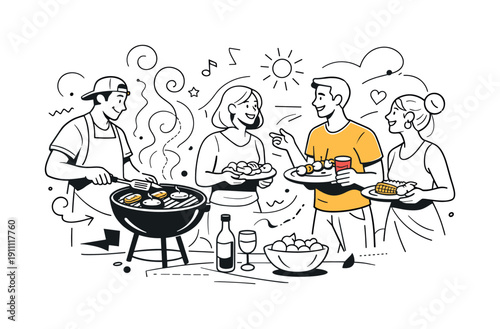 Lively BBQ Gathering. Outdoor barbecue party. One person flipping food on the grill while others chat and hold