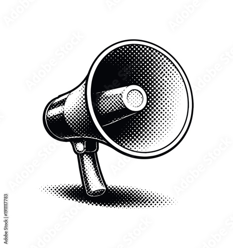 A classic megaphone facing forward but silent, isolated as the only object, depicted in monochrome halftone