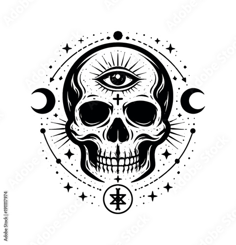 A symbolic occult skull chart reduced to bold contours and diagrammatic markings, skull treated as an emblem